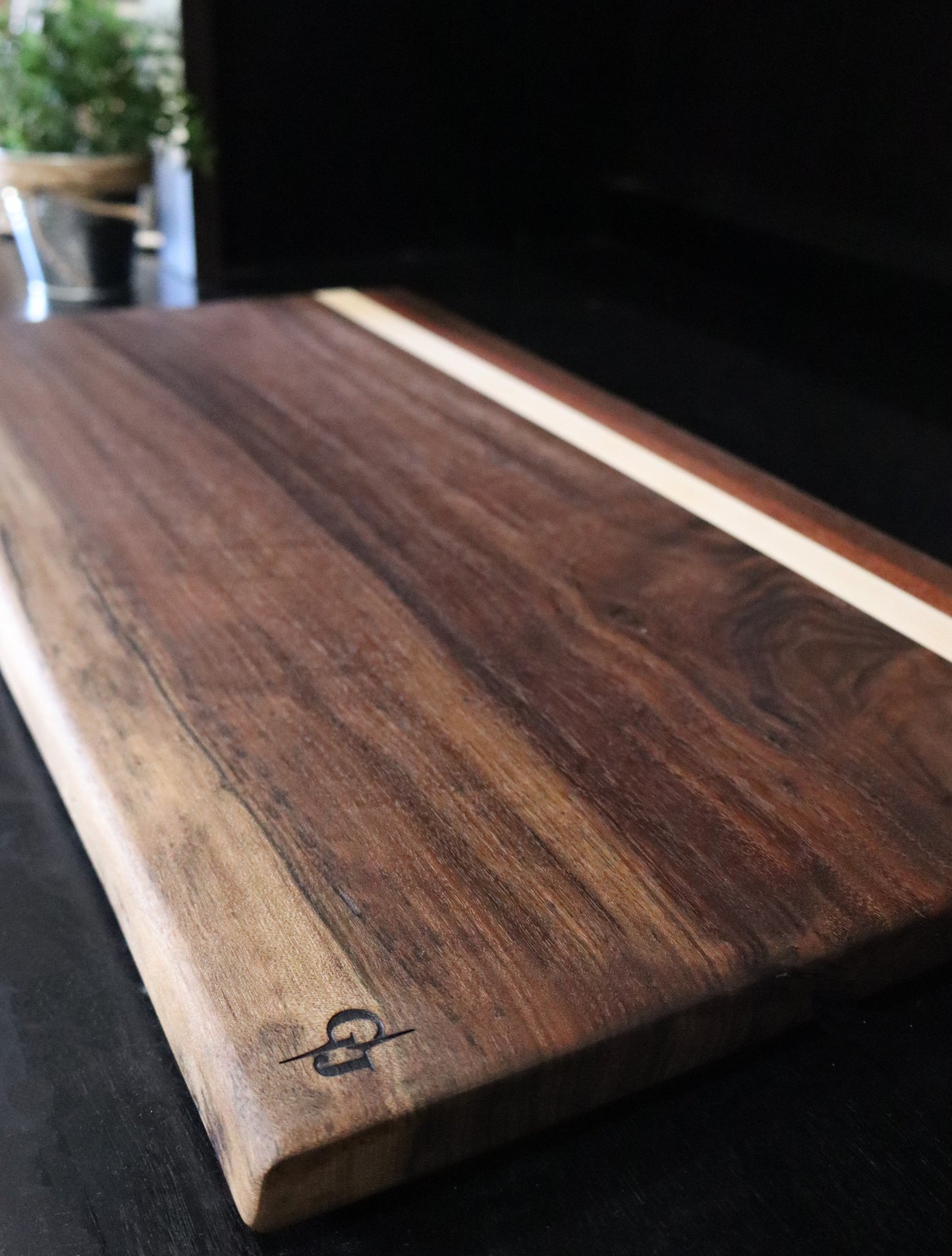 Walnut Live Edge Serving Board with Maple/Mahogany Stripe