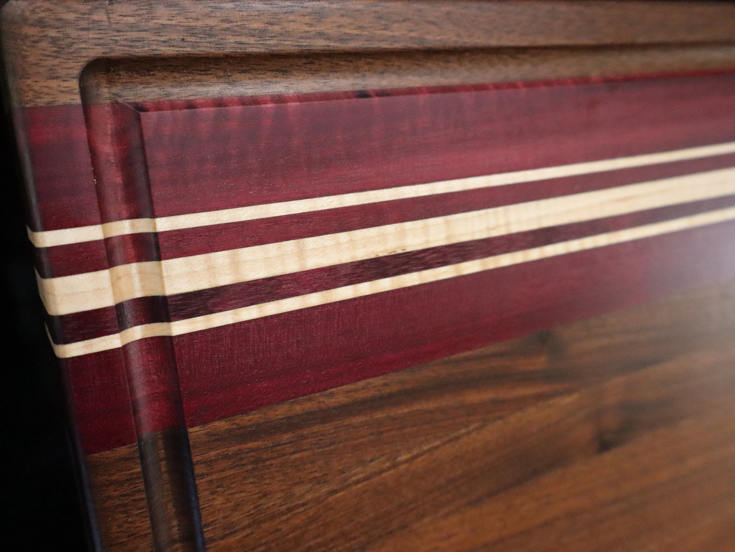 Black Walnut/Curly Maple/Purple Heart Edge Grain Cutting Board with Juice Groove