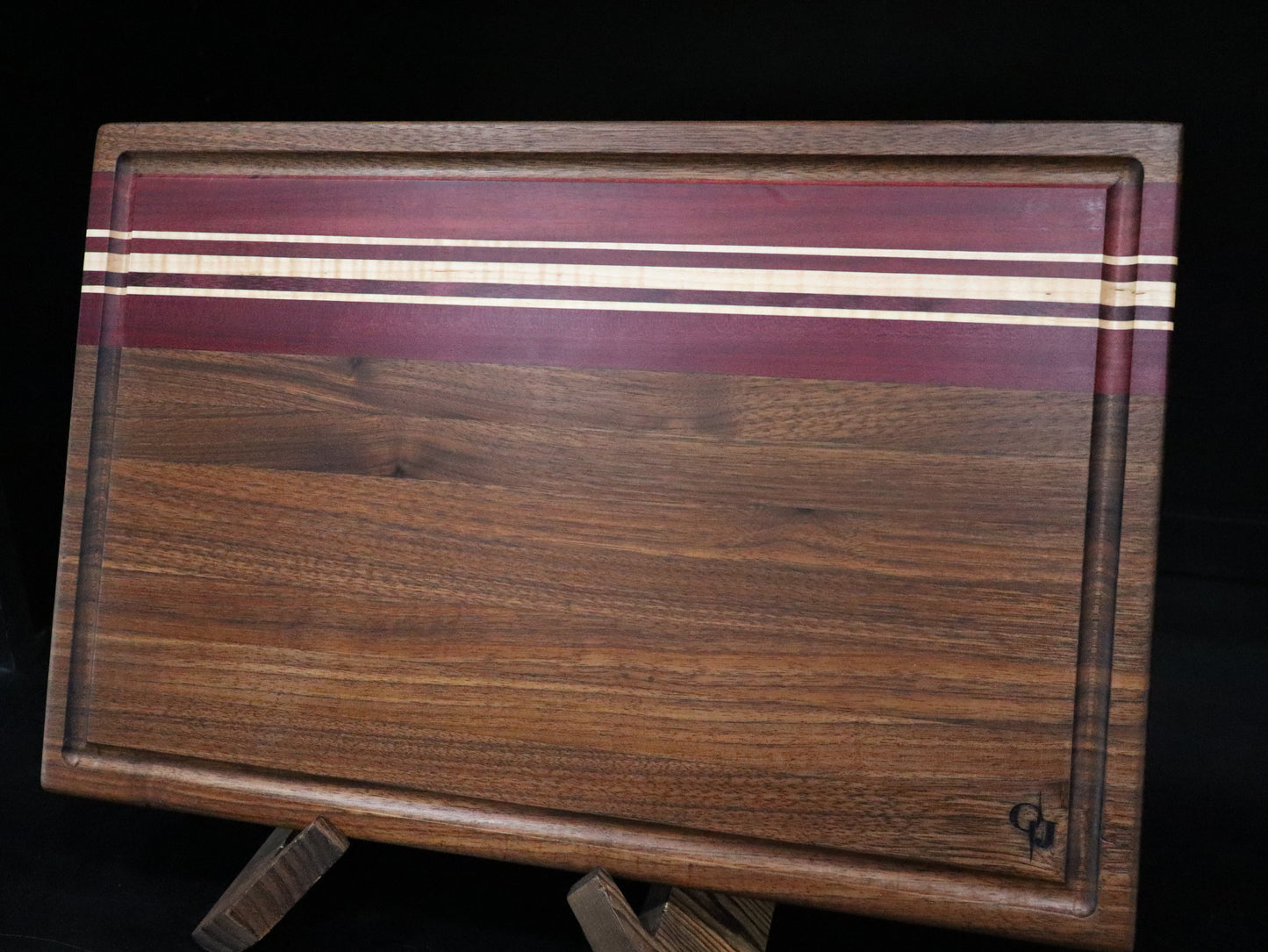 Black Walnut/Curly Maple/Purple Heart Edge Grain Cutting Board with Juice Groove