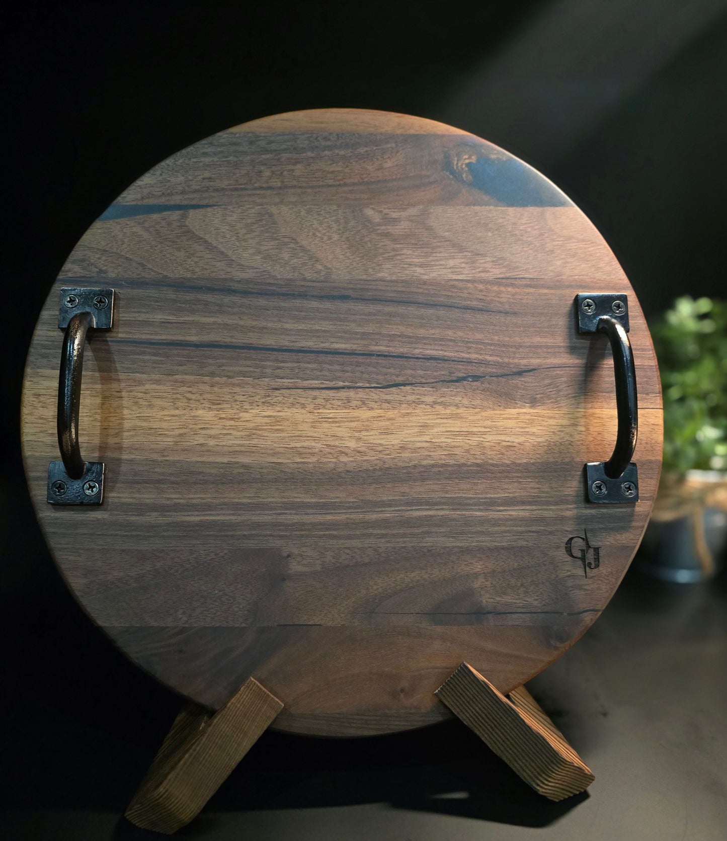 Walnut Round Cheese board with handles and feet