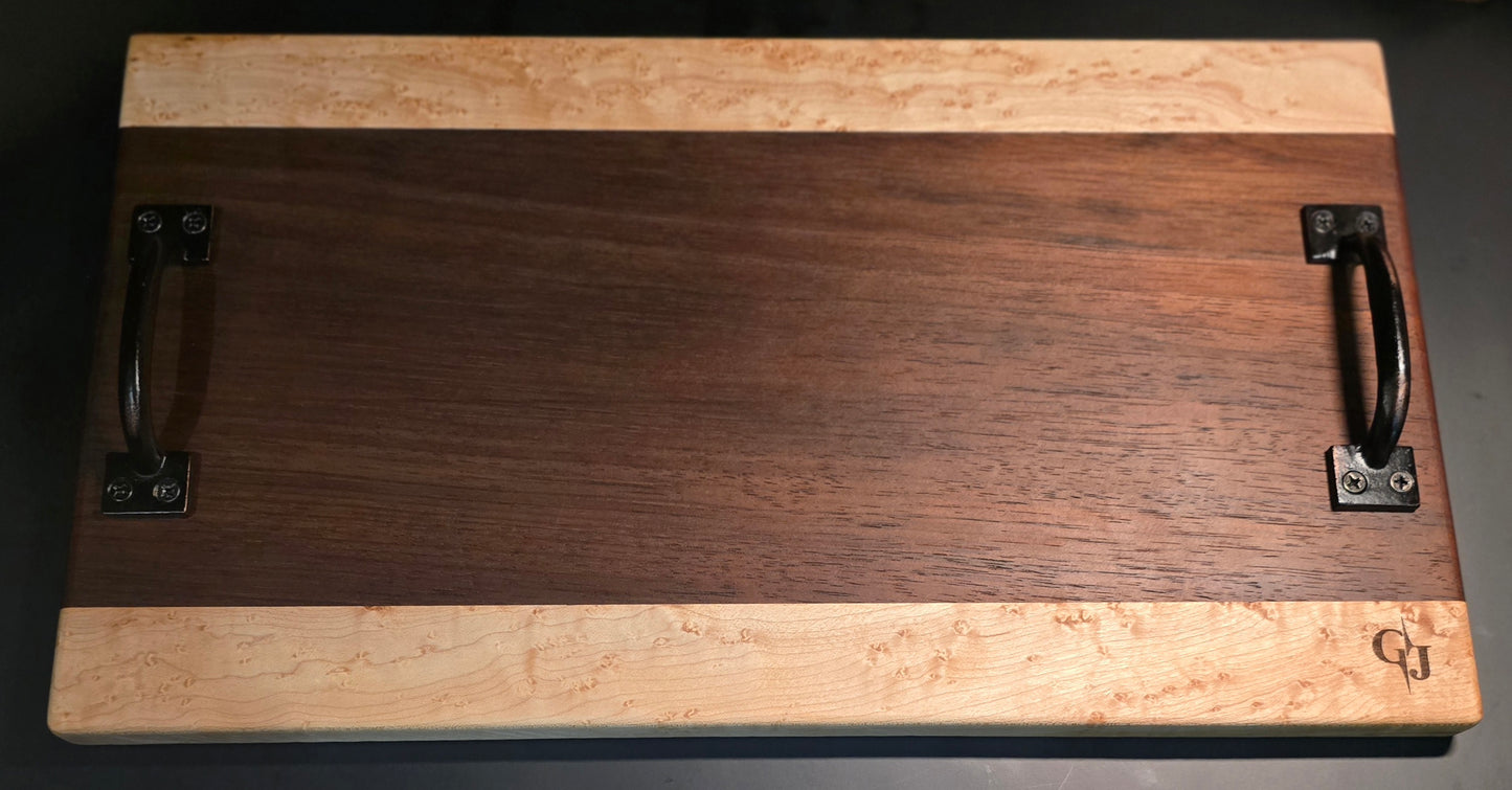Nogal and Birdseye Maple Cheese board with handles