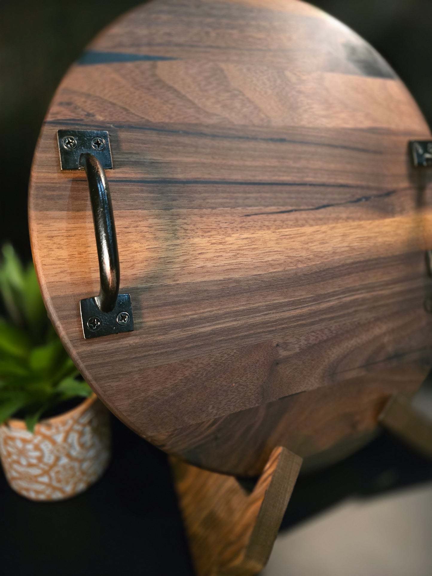 Walnut Round Cheese board with handles and feet