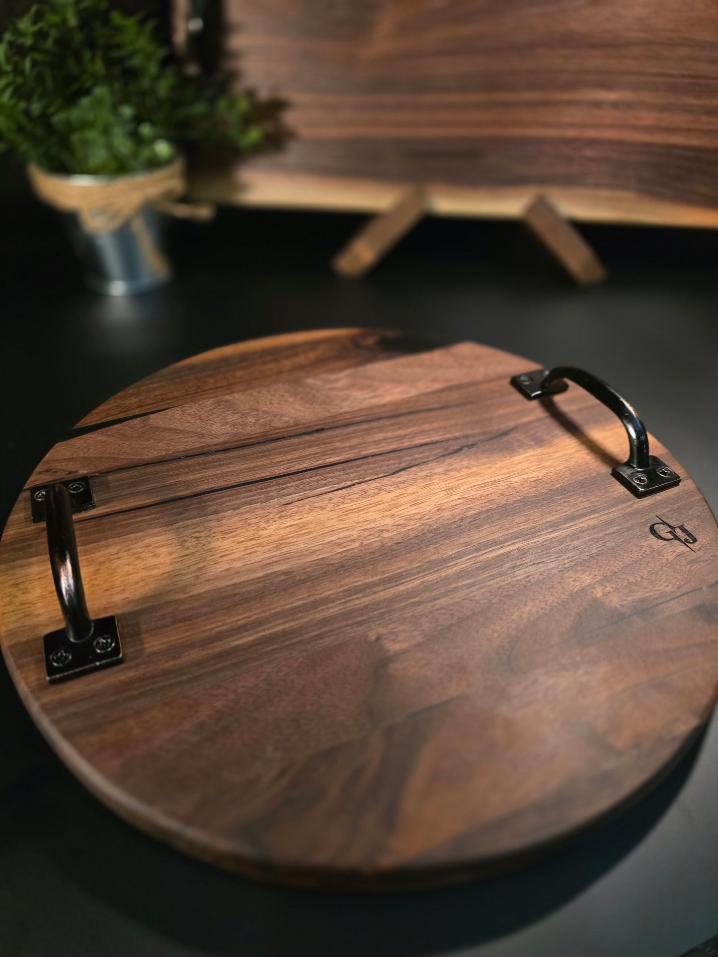 Walnut Round Cheese board with handles and feet