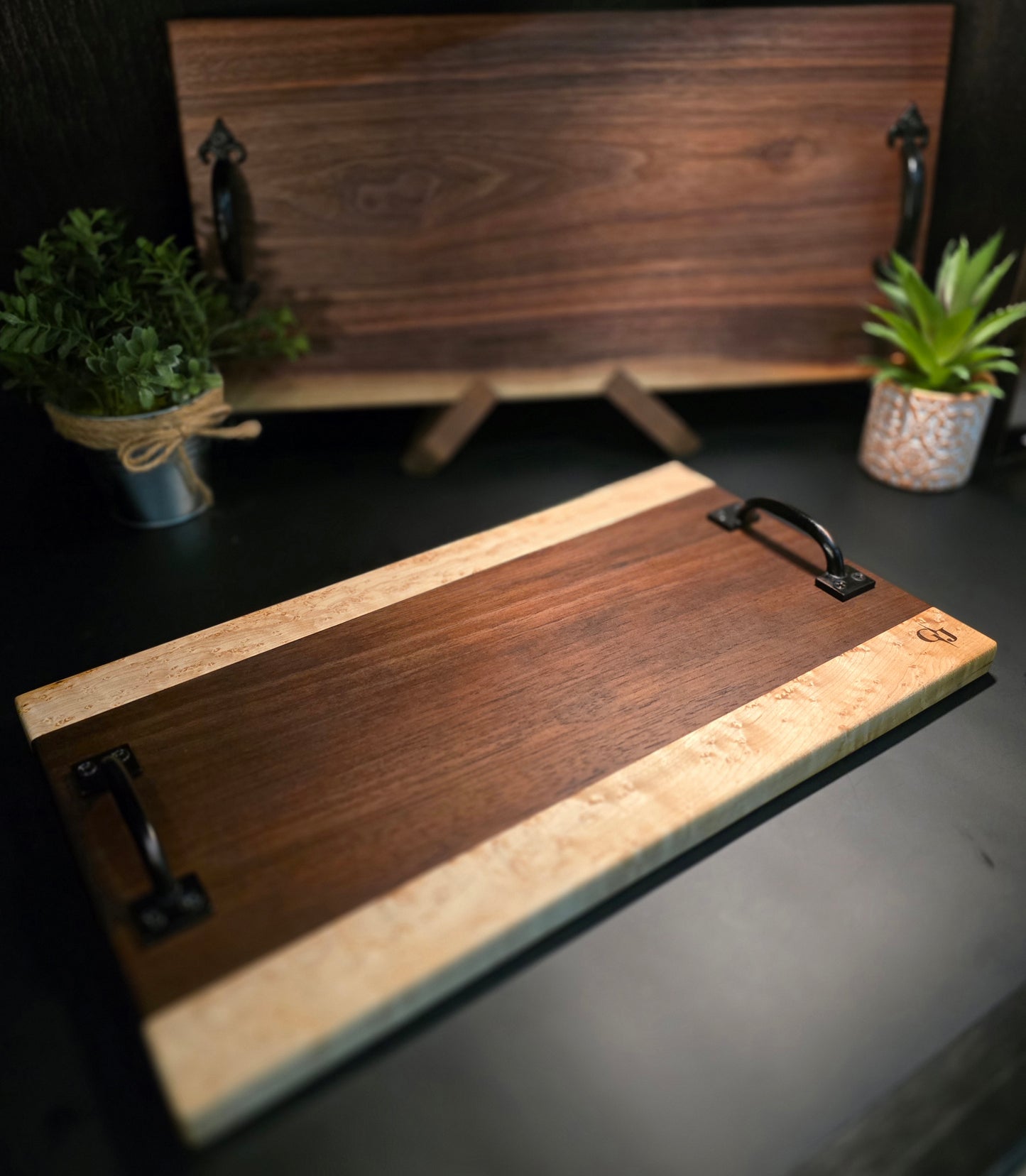 Nogal and Birdseye Maple Cheese board with handles