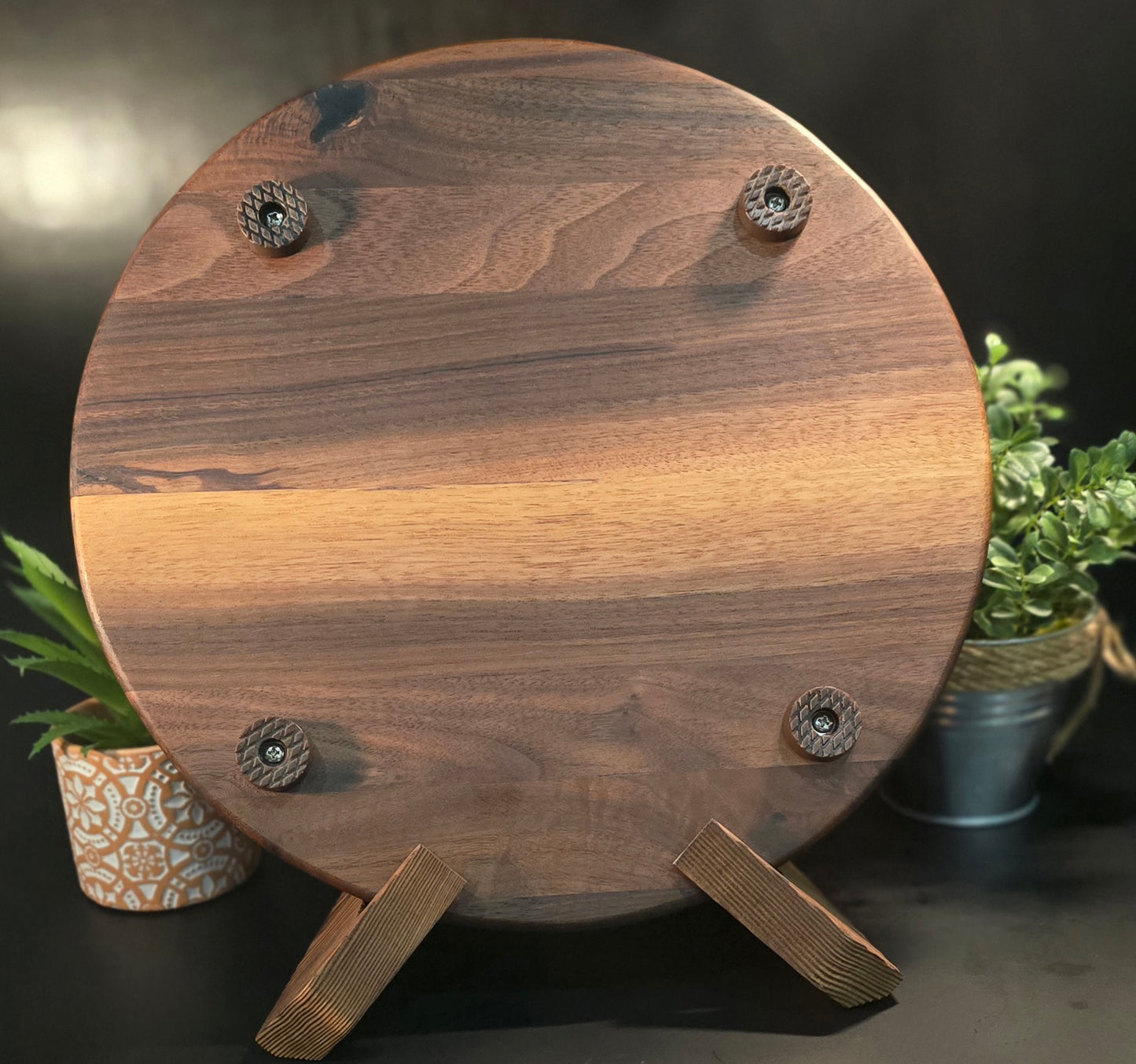 Walnut Round Cheese board with handles and feet