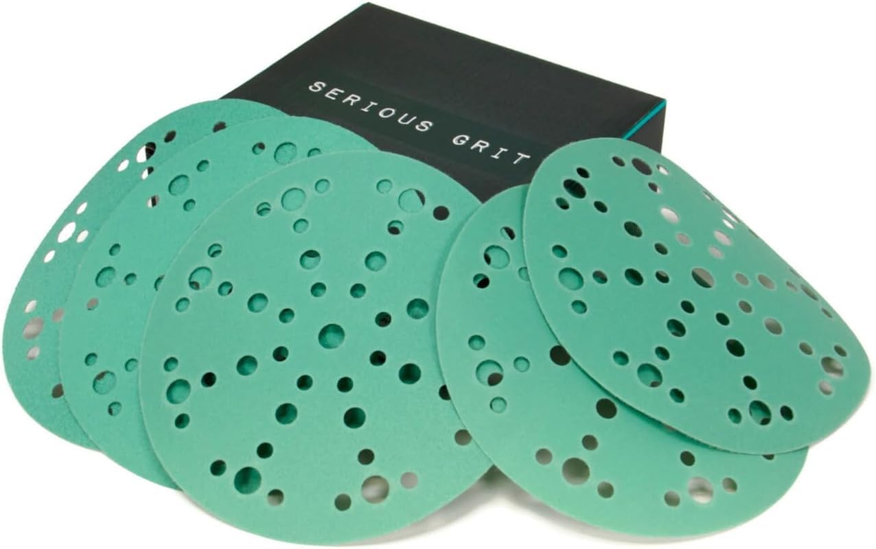 Serious Grit - 6-Inch 49-Hole Sanding Discs Assortment - 80, 120, 150, 180, 220 Grit (10 of Each) - Heavy-Duty Hook & Loop Film Discs - Sandpaper for Random Orbital Sanders - 50 Pack Box