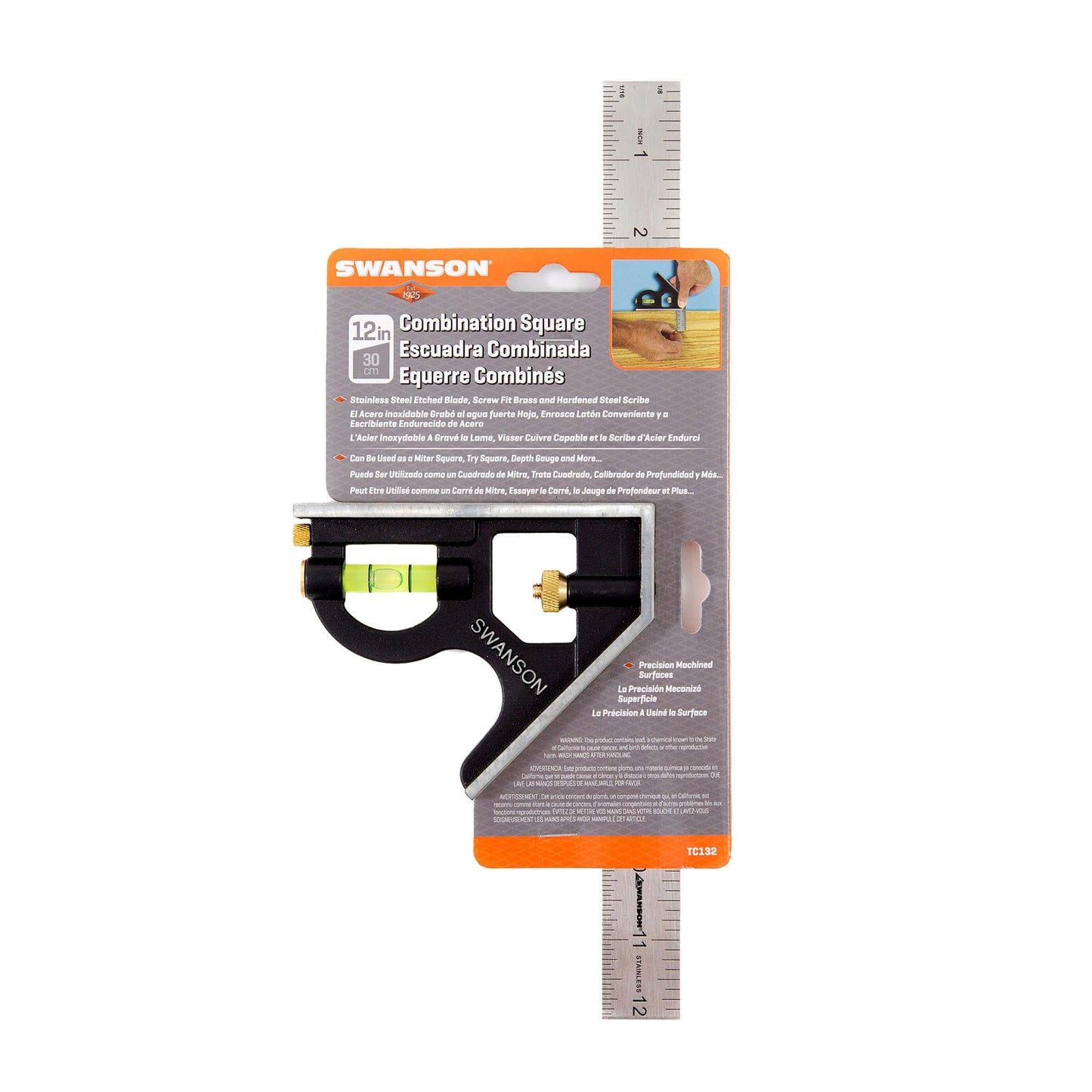 Swanson Tool Co TC132 12-Inch Combo Square with Cast Zinc Body, Stainless Steel Ruler and Brass Bolt