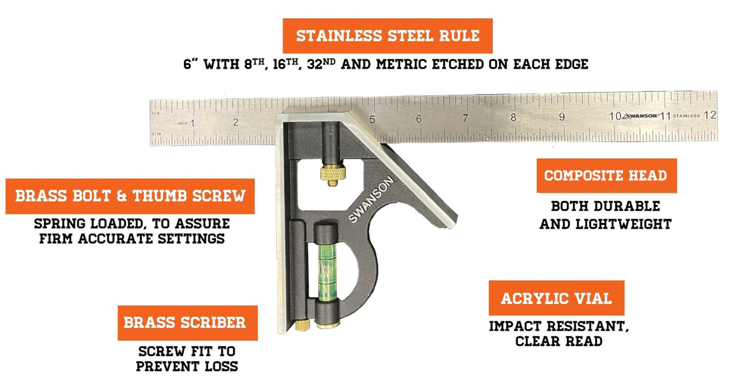 Swanson Tool Co TC132 12-Inch Combo Square with Cast Zinc Body, Stainless Steel Ruler and Brass Bolt