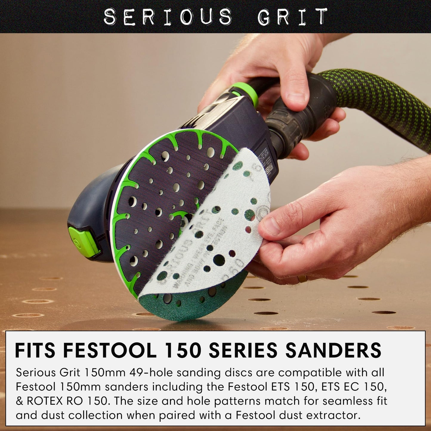 Serious Grit - 6-Inch 49-Hole Sanding Discs Assortment - 80, 120, 150, 180, 220 Grit (10 of Each) - Heavy-Duty Hook & Loop Film Discs - Sandpaper for Random Orbital Sanders - 50 Pack Box