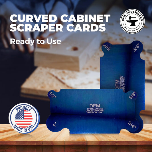 DFM Tool Works Curved Cabinet Scraper Cards - Precision Cabinet Scraper for Woodworking, Multi-Use Woodworking Tools, Wood Finishers, Quality Card Scraping Tool, Made in USA, Juice Groove - Blue
