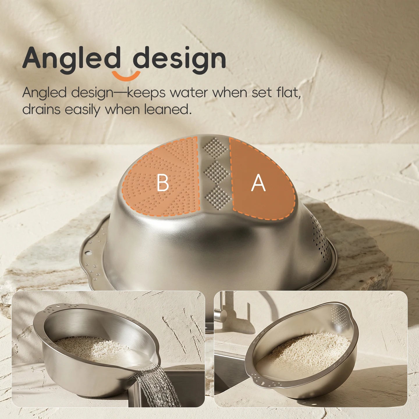 Inclined Bottom Drainage Basin - Multi-Functional Colander for Pasta, Rice & Produce, Time-Saving Kitchen Sink Helper