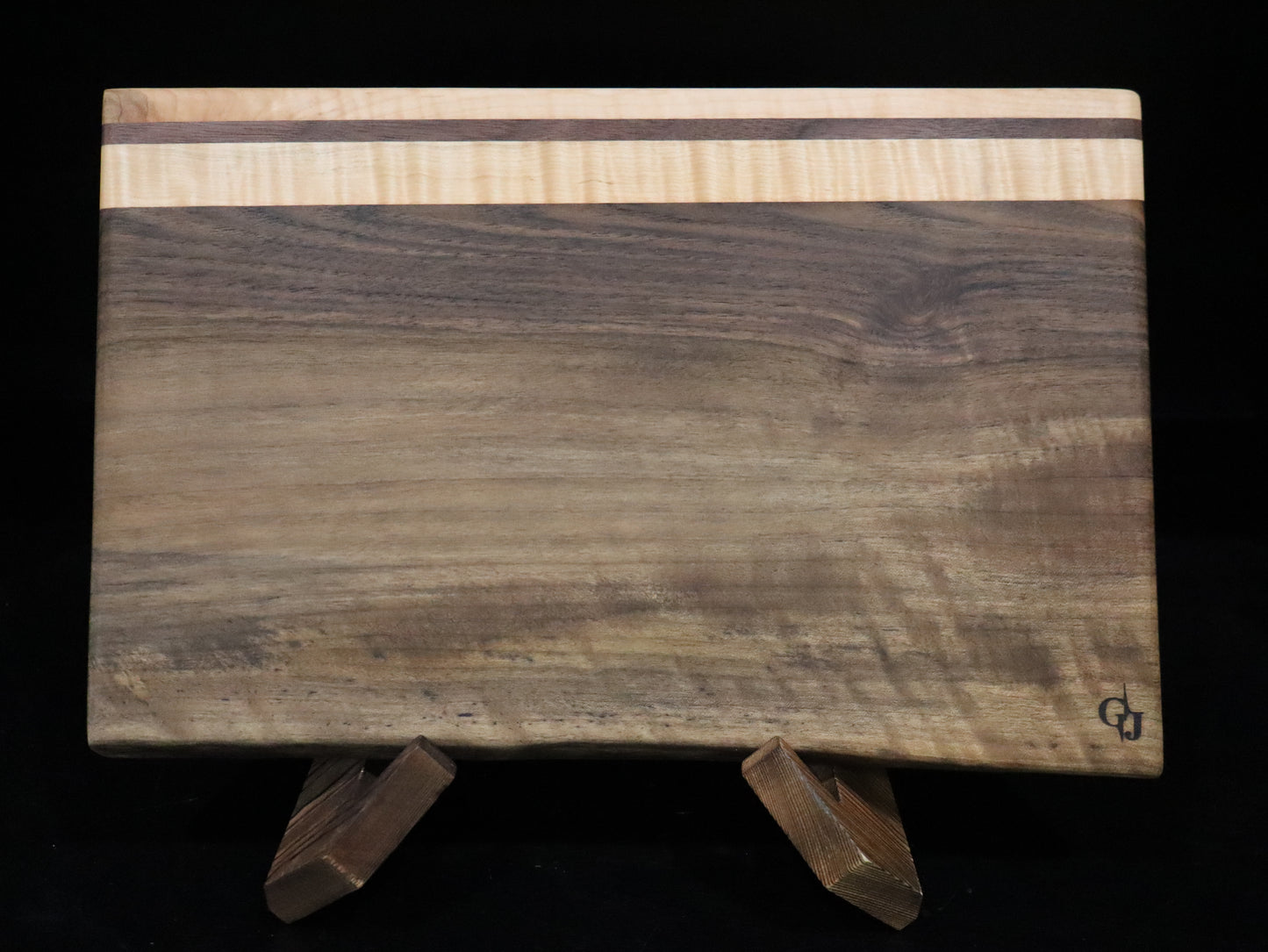 Live Edge Walnut Cheese board with Curly Maple Stripes and feet