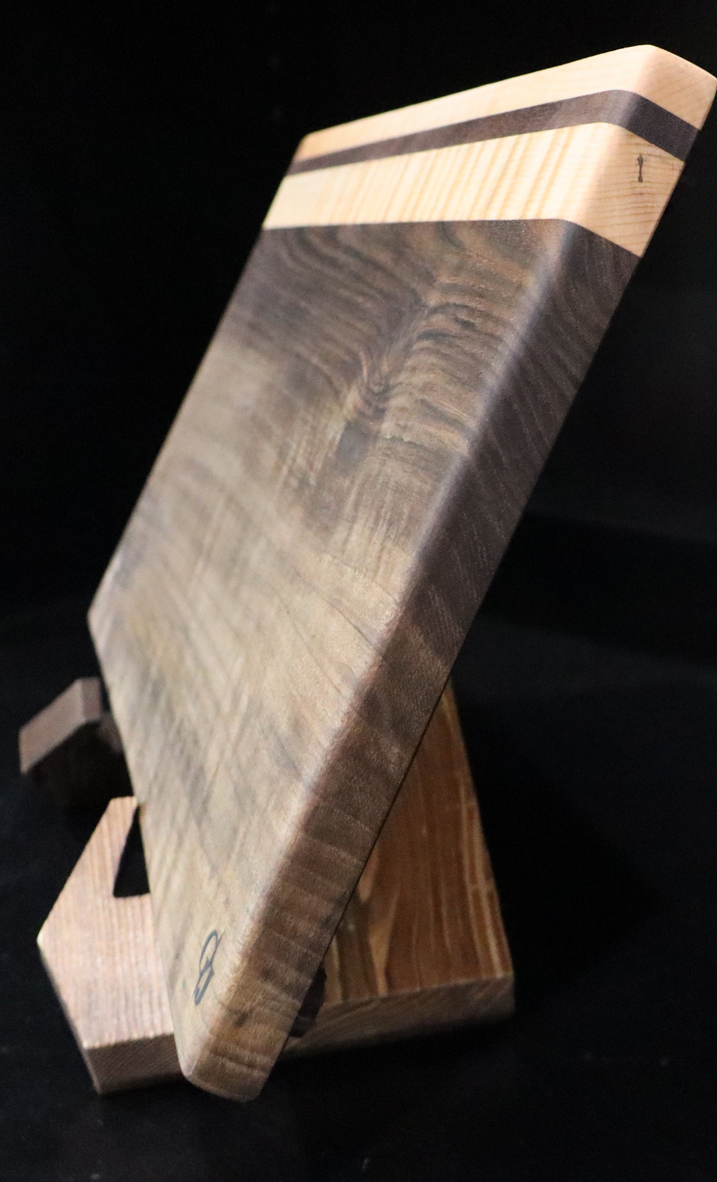 Live Edge Walnut Cheese board with Curly Maple Stripes and feet