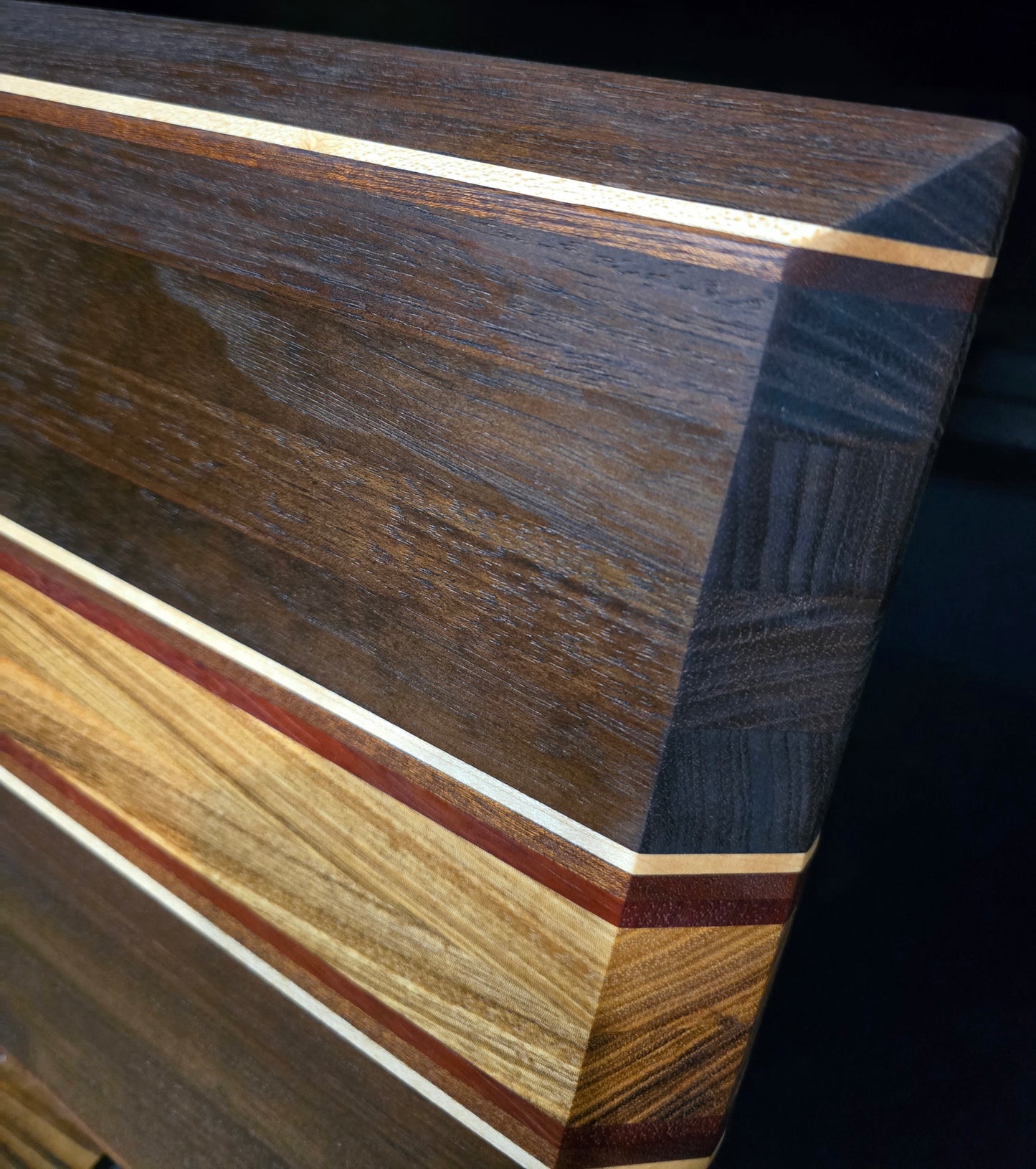 Peruvian Walnut with Maple, Bali, Padauk, and Sapele Stripes