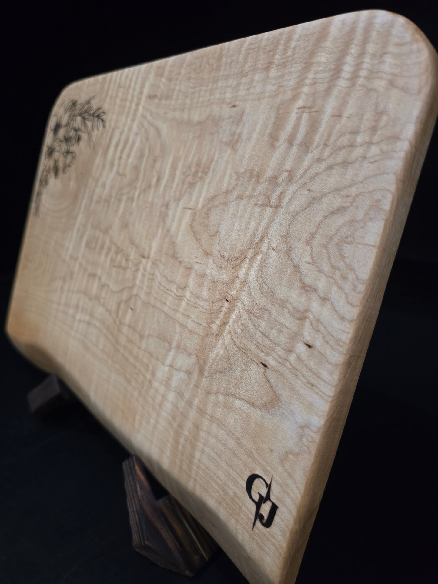 Curly Maple Cheese Board with laser-engraved flowers