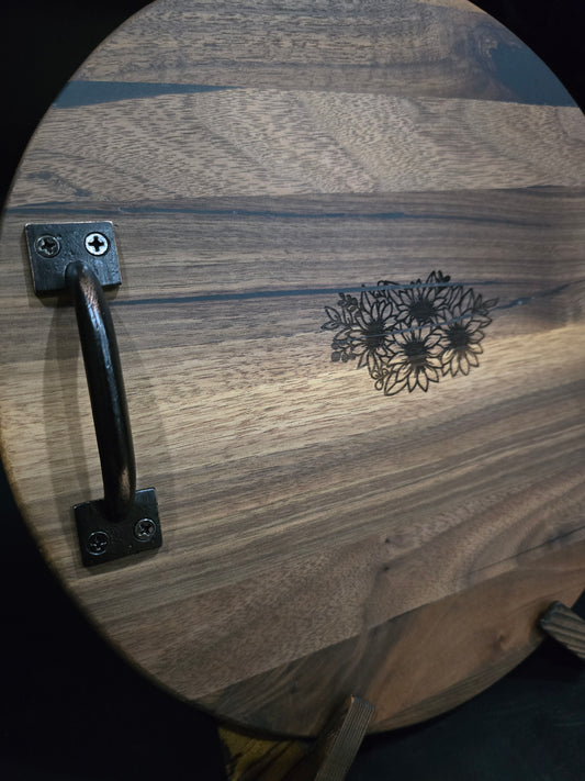 Walnut Round Cheese board with handles and feet