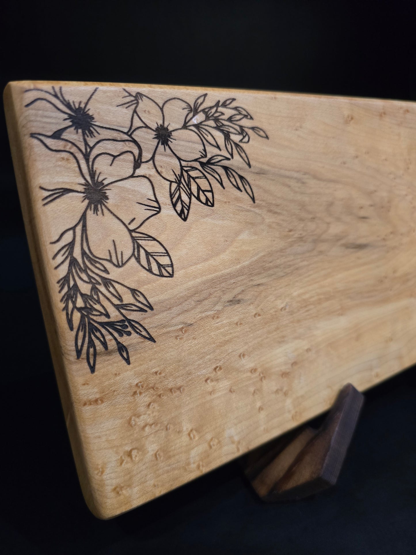 Birdseye Maple Cheese Board with engraved flowers
