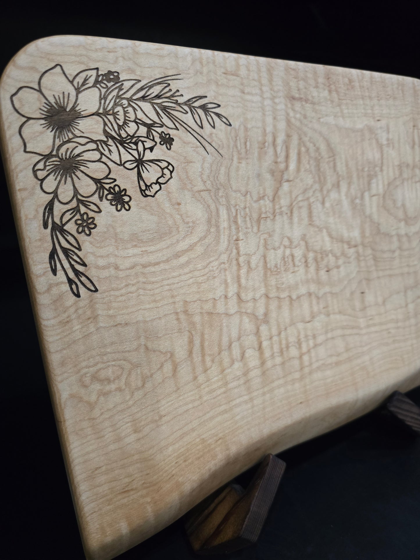 Curly Maple Cheese Board with laser-engraved flowers