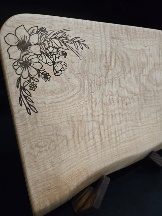 Curly Maple Cheese Board with laser-engraved flowers