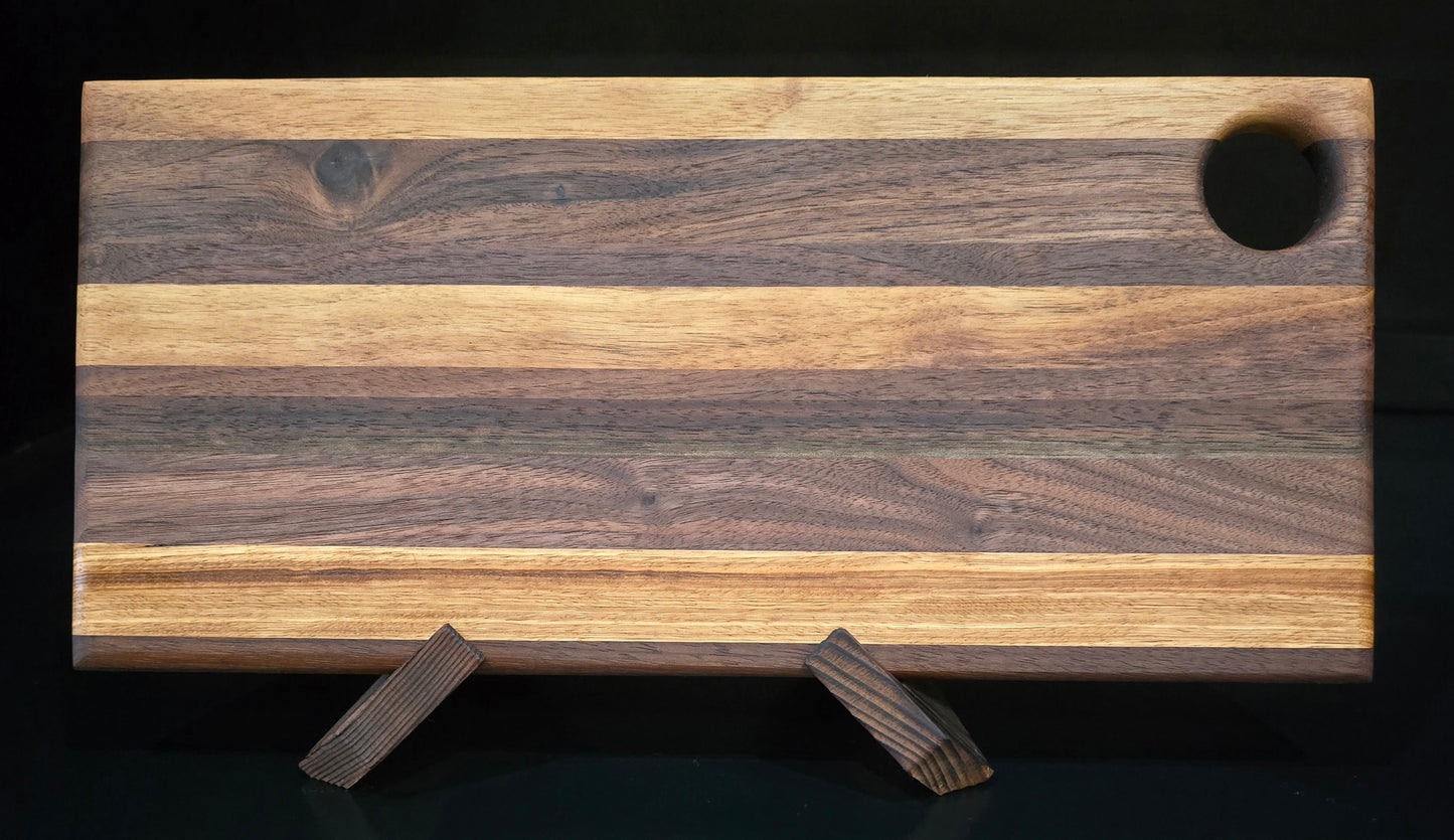 Multi-Hardwood Striped Bar Board 11x6.5 | Small Walnut & Bali Serving Platter, Lightweight Wood Charcuterie Paddle, Handcrafted Kitchen Gift