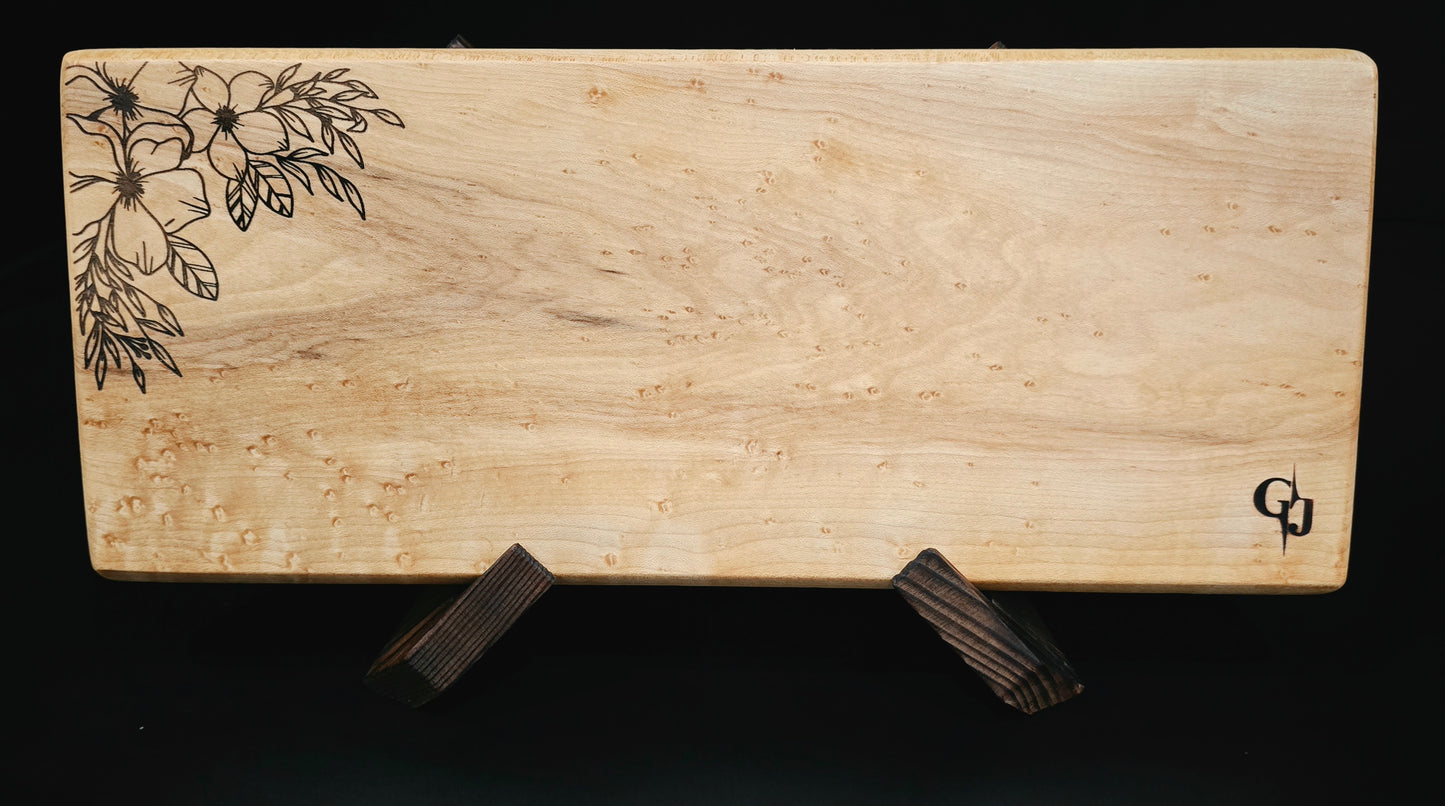 Birdseye Maple Cheese Board with engraved flowers