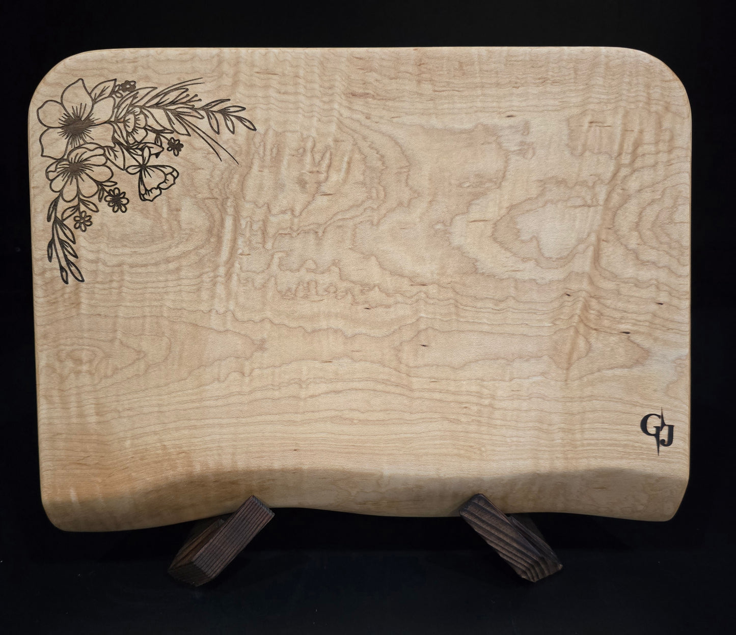 Curly Maple Cheese Board with laser-engraved flowers