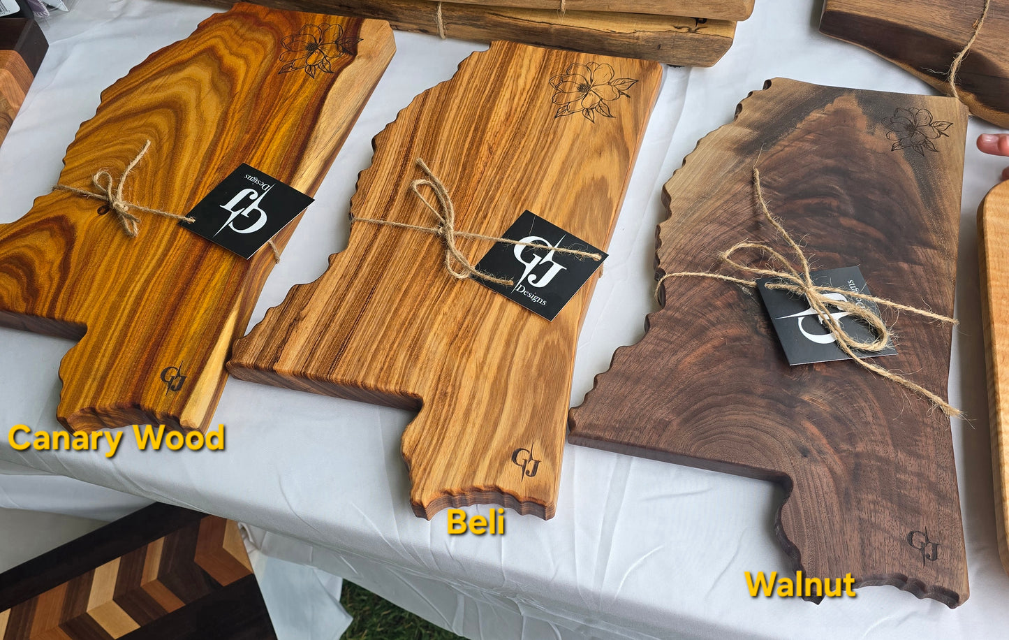 Mississippi Shaped Cheese Boards with Magnolia Flower Laser Engraving