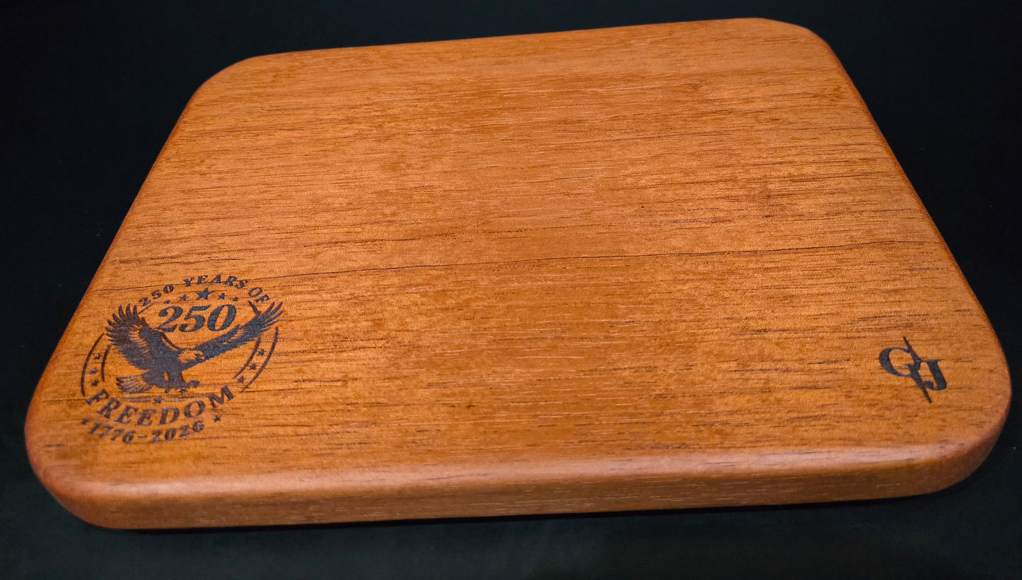 USA 250th Anniversary Mahogany Cheese Board 12x9.5 | 250 Years of Freedom Commemorative Cutting Board, Handcrafted Patriotic Gift, United States Semiquincentennial Decor
